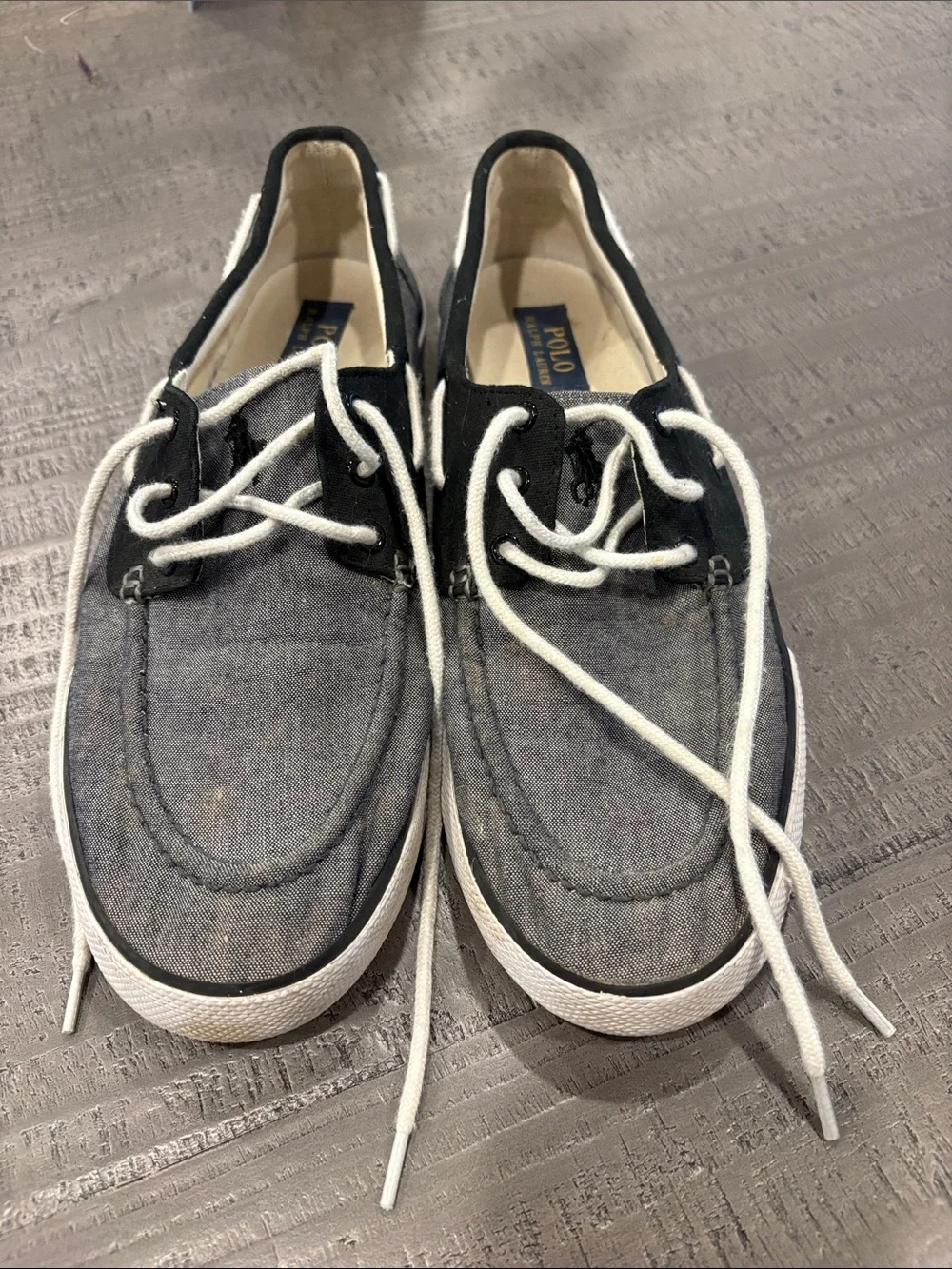 Polo by Ralph Lauren Denim like canvas and Navy Trim Boat Shoes with White Laces